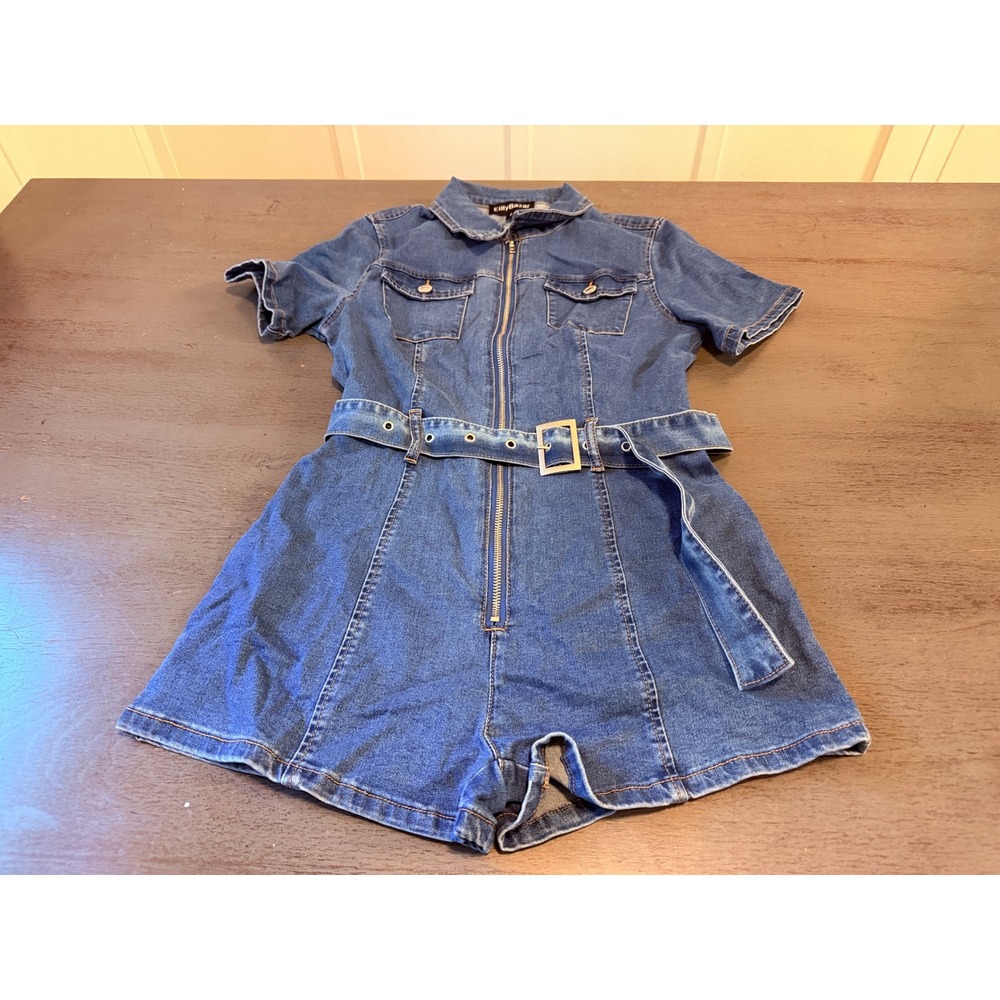 EillyBazar Denim Romper Blue Short Sleeve Zip Front Belted Utility Jumpsuit S